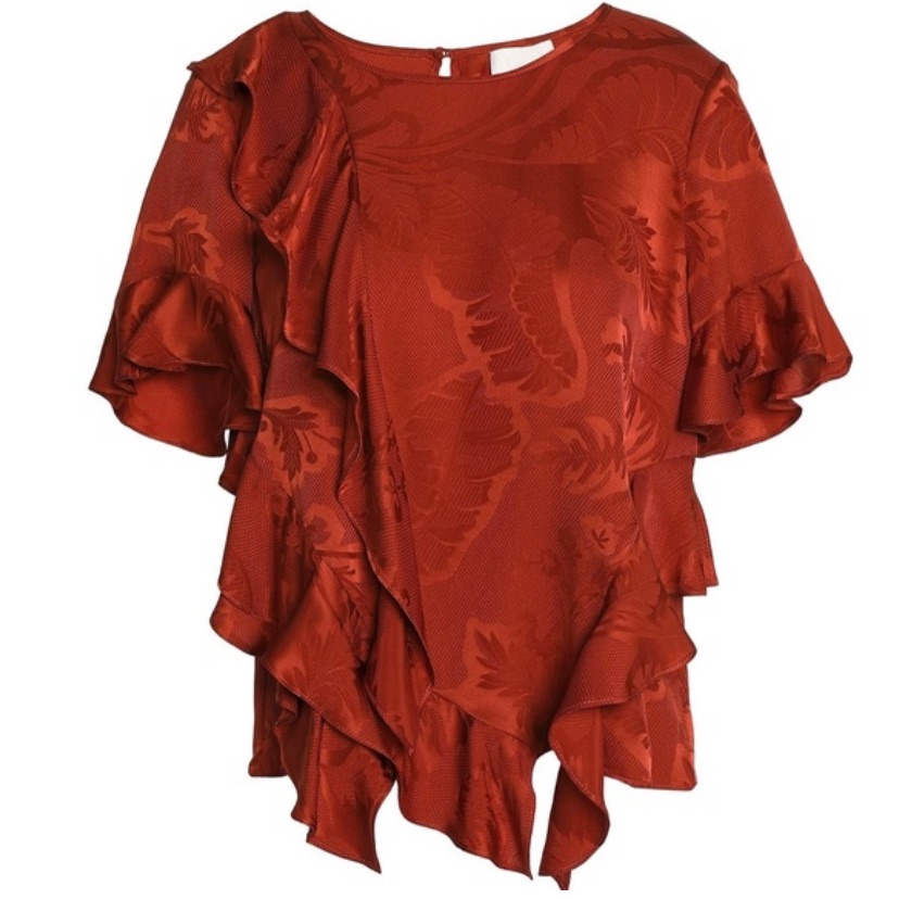 Cinq A Cept 100% Silk Ruffled Embossed Print Top With Button Closure. Size Xxs.